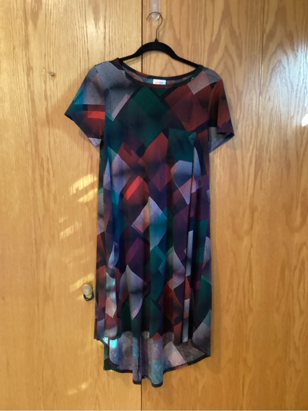 LuLaRoe High-Low Geometric Dress in Green, Purple, Red